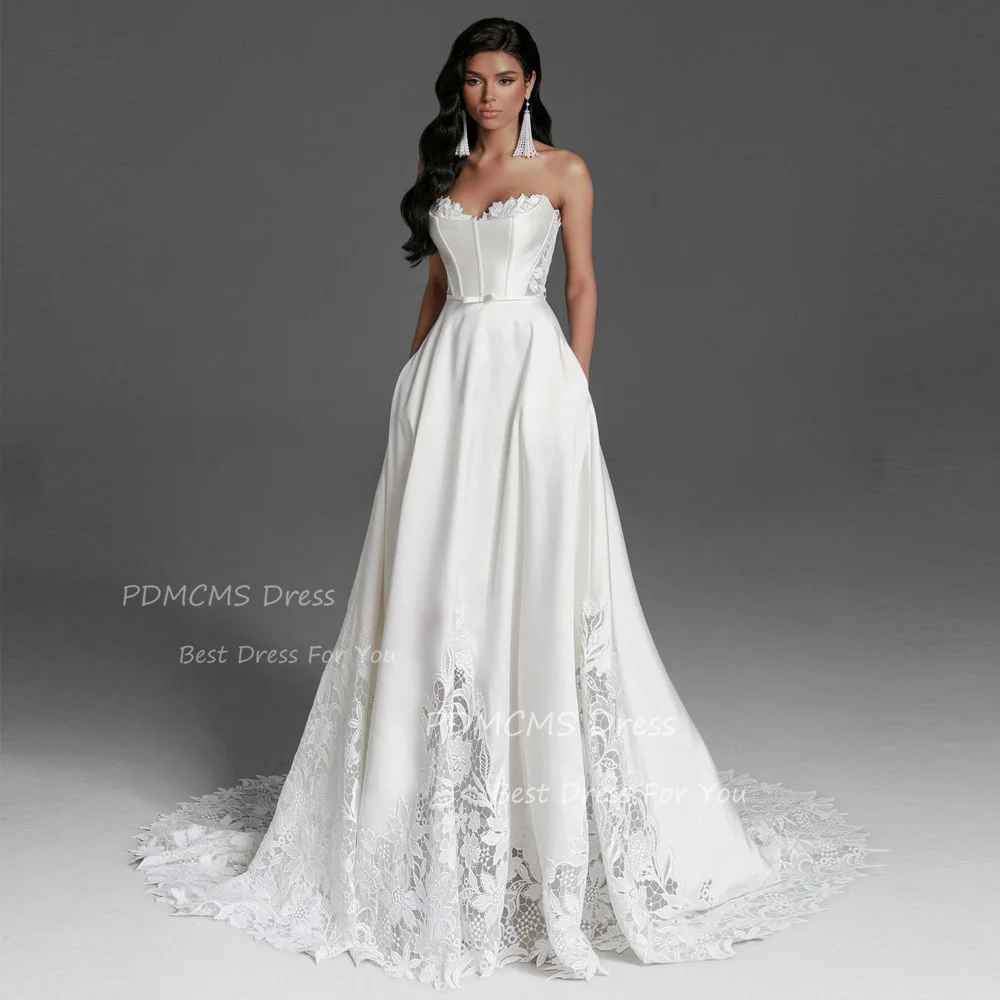 

Luxury Solid Wedding Dresses Sweetheart Lace Satin A-Line Evening Bridal Prom Dress Appliques Sleeveless Sexy Draped Bride Gowns