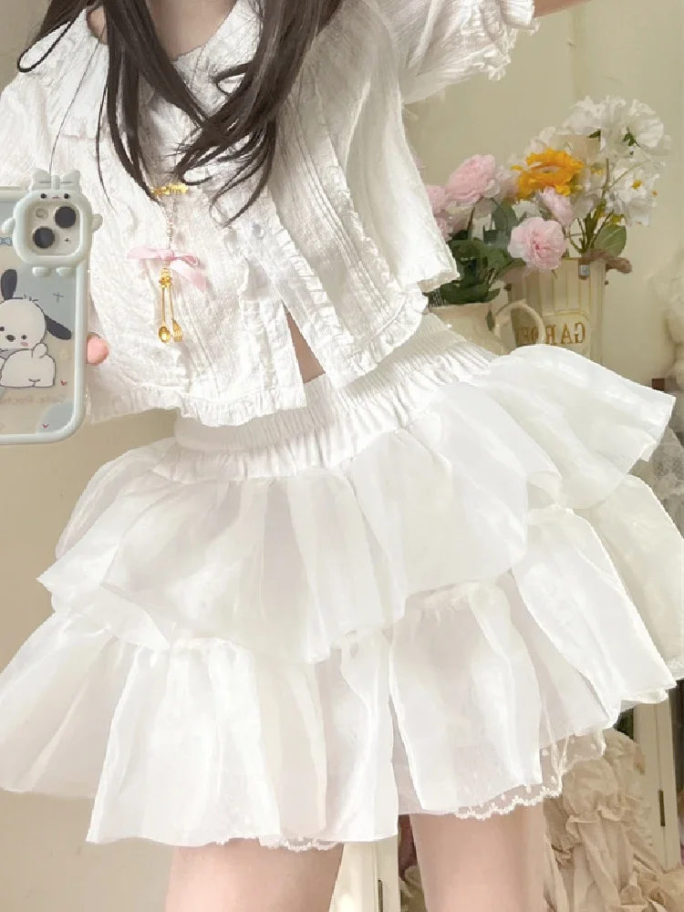 

Fashion Princess Pumpkin Summer Ruffles High Waist Tiered Skirts Pants Fairy Soft Girly Lace Bud Lolita Style Mini Skirt Women