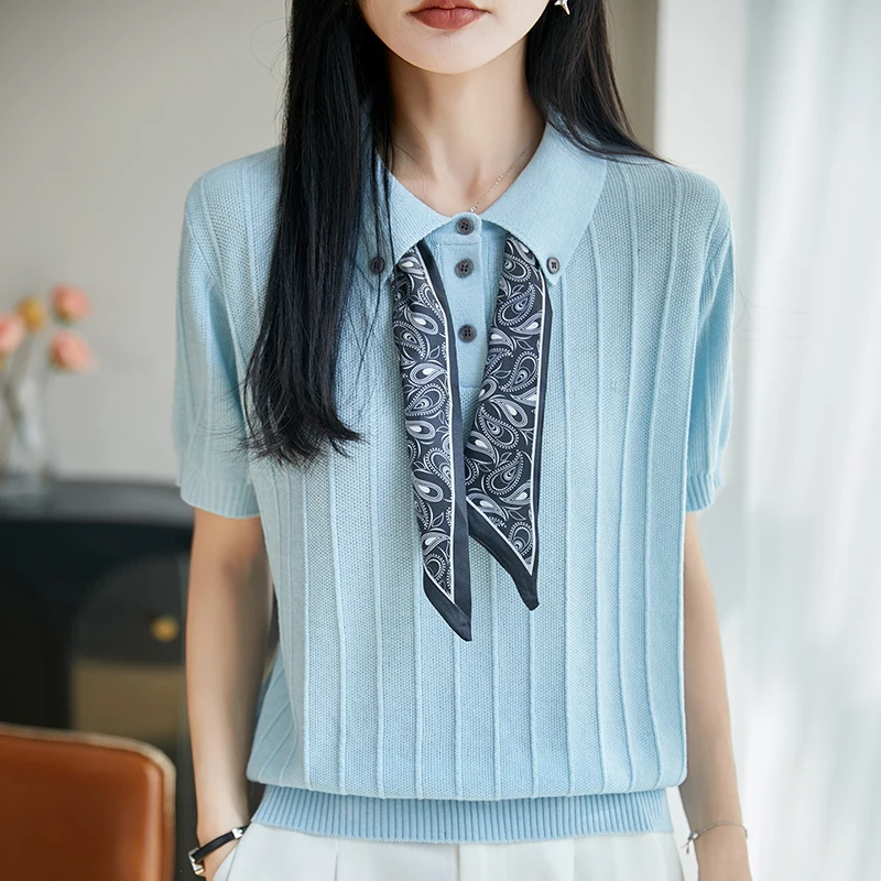 

Женская футболка-поло с воротником, летняя новинка, вязаная из шерсти, с коротким рукавом, повседневная, однотонная, с отложным воротником, свободного кроя