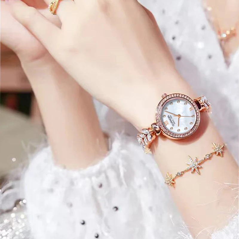 GUANQIN Luxury Women's Quartz Watch Mother-of-Pearl Dial Fish-Tail Chain Strap Leisure 30M Waterproof Watch for Lady for Gifts