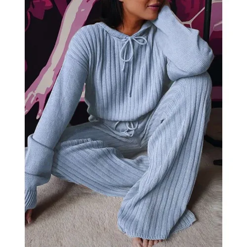 Explosive Female Knitted Suit Two Pieces of Fall and Winter New Long-sleeved Loose Hooded Leisure