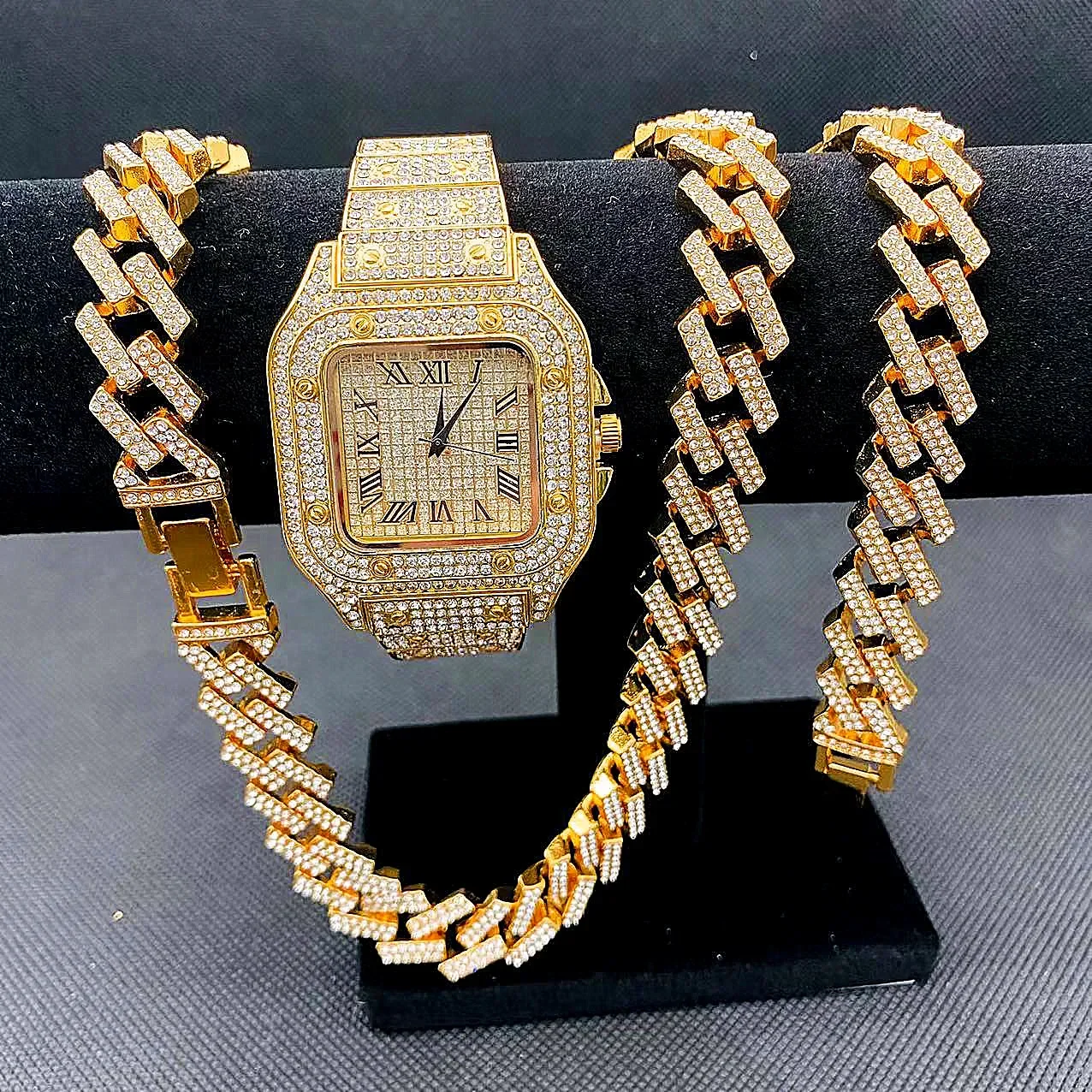 3PCS Hip Hop for Men Iced Out Watch Necklaces Bracelets Bling Cuban Chains Choker Diamond Gold Watch African Jewelry Set