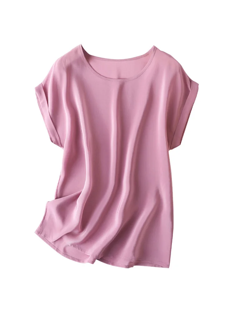 SuyaDream Woman Silk Tee 100%Real Silk Bat Sleeved Solid Candy Colors O Neck T Shirt 2022 New Summer Top