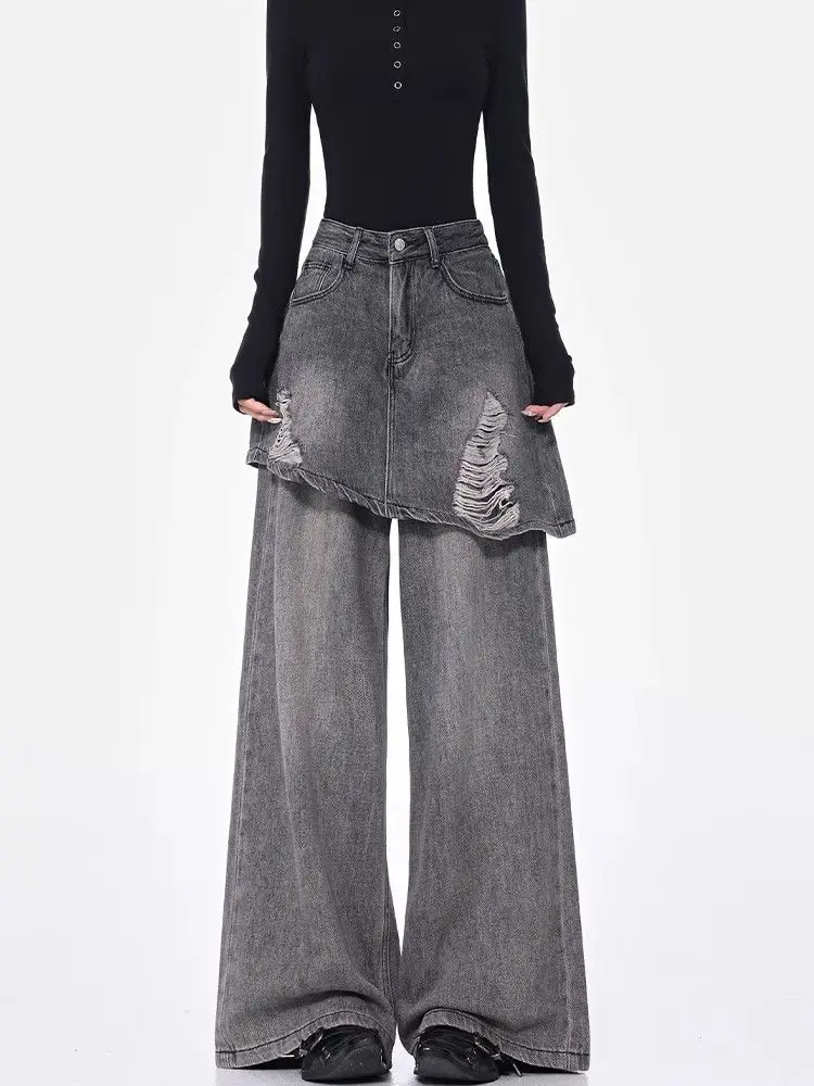 Trouser Skirt Integrated Fake Two-piece Jeans Women's 2026 Spring and Autumn New Retro Old High-waisted Thin Floor Pants