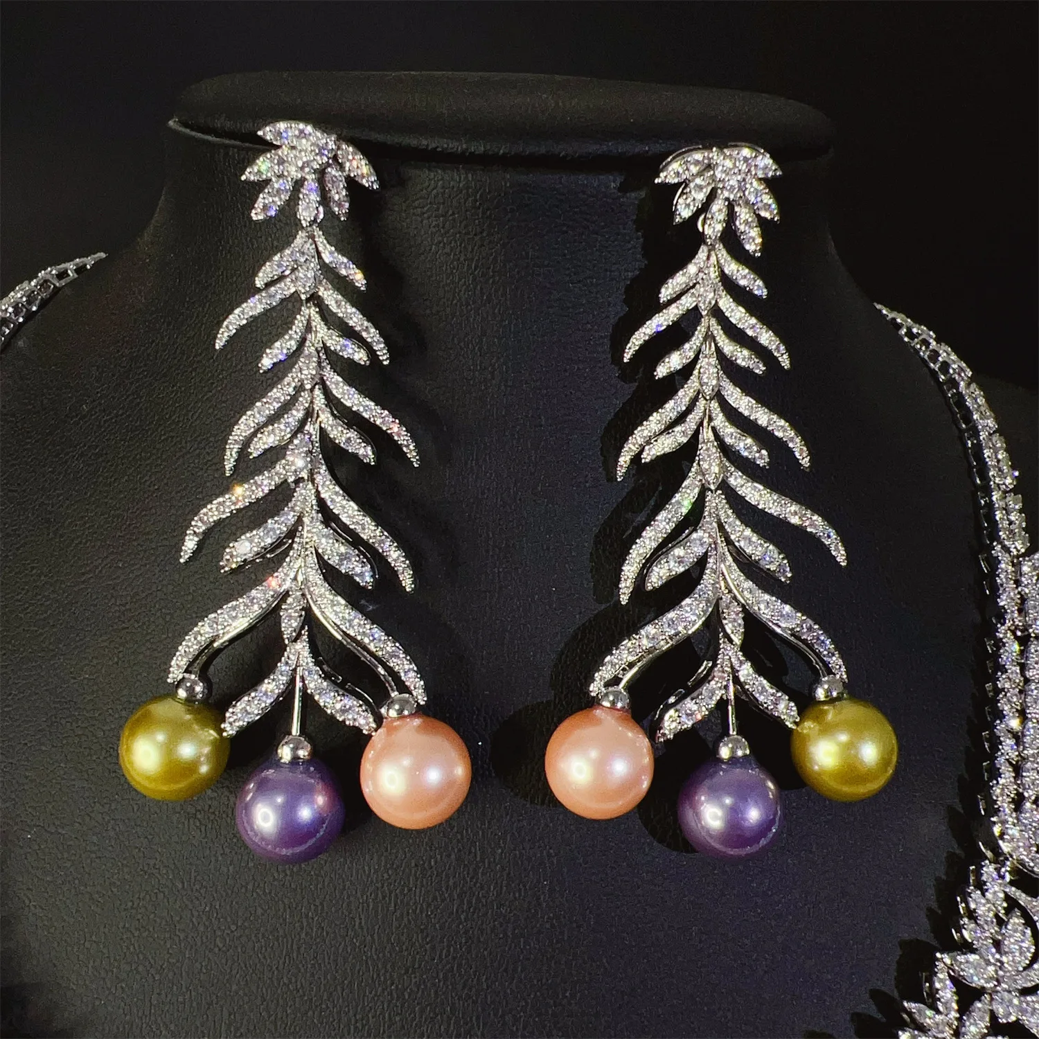 Sparkling Delicate Feather Multicolour Pearls Ladies Zirconia Jewellery Necklace Earrings 2 Pcs Set Party Prom Gift Bridal M-520
