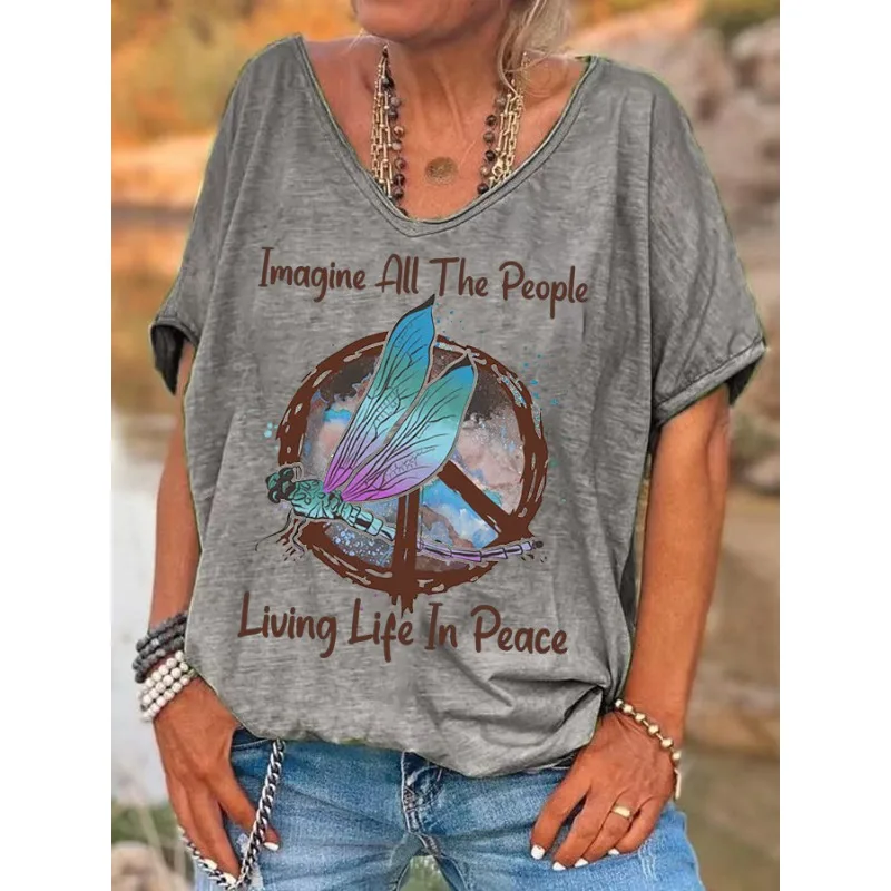 ilstile Women's Hippie Living Life In Peace Print T-Shirts  Summer Short Sleeve Casual Loose V Neck Tops Green Pink Tees
