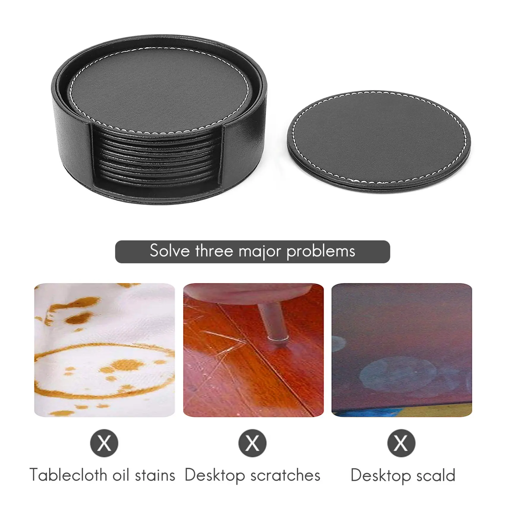 Set of 6 Leather Drink Coasters Round Cup Mat Pad for Home and Kitchen Use Black image 4