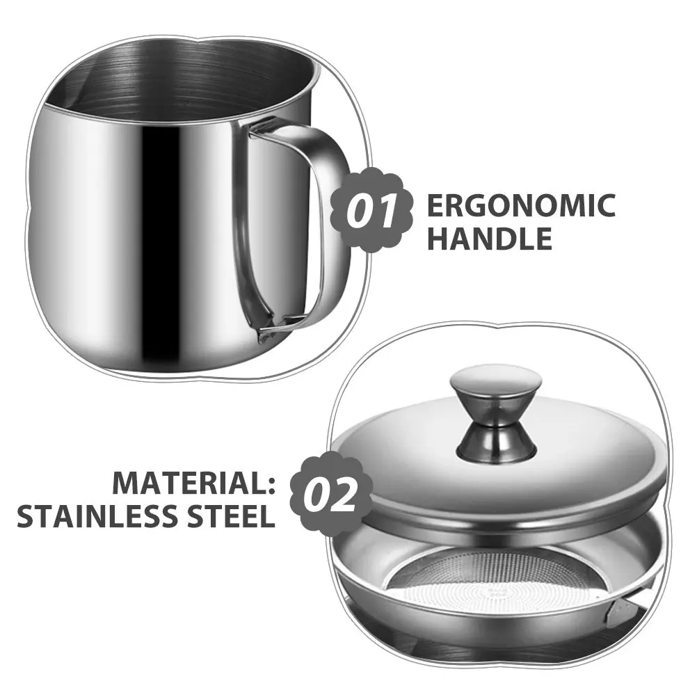 2Pcs Stainless Steel Oil Strainer Jug with Fine Mesh Filter Non Slip Handle Grease Container for Kitchen Cooking Oil Strainer