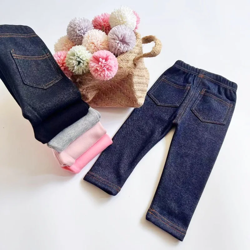 Autumn Winter Children's Jeans Boys and Girls' Solid color Thin Velvet Elastic Belt Jeans Infant Elastic Denim Pants1-6Y