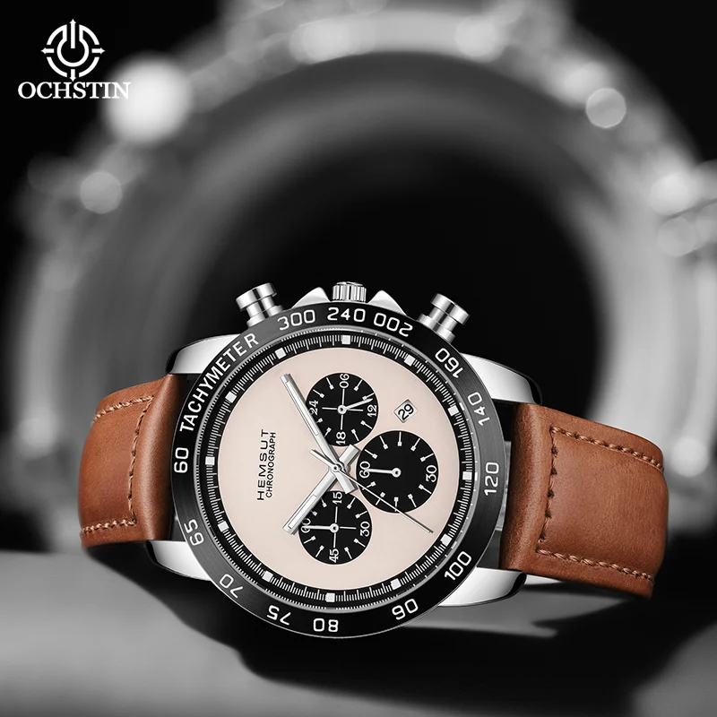 OCHSTIN Men Business Multifunctional Quartz Wristwatch Man Classic Pioneer Series Design Skin‑friendly Leather Bracelet Clock