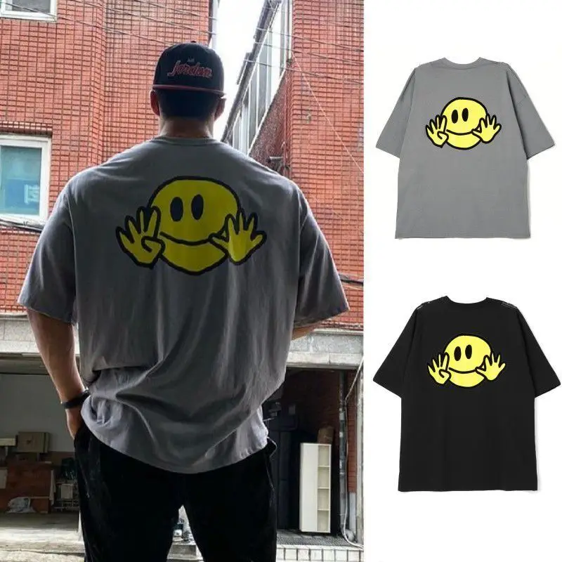 

Новинка 2025 года, комплект уличной футболок Happy Mood, топы с короткими рукавами, принтом смайлика и дизайном жестов рук, повседневная весна-лето