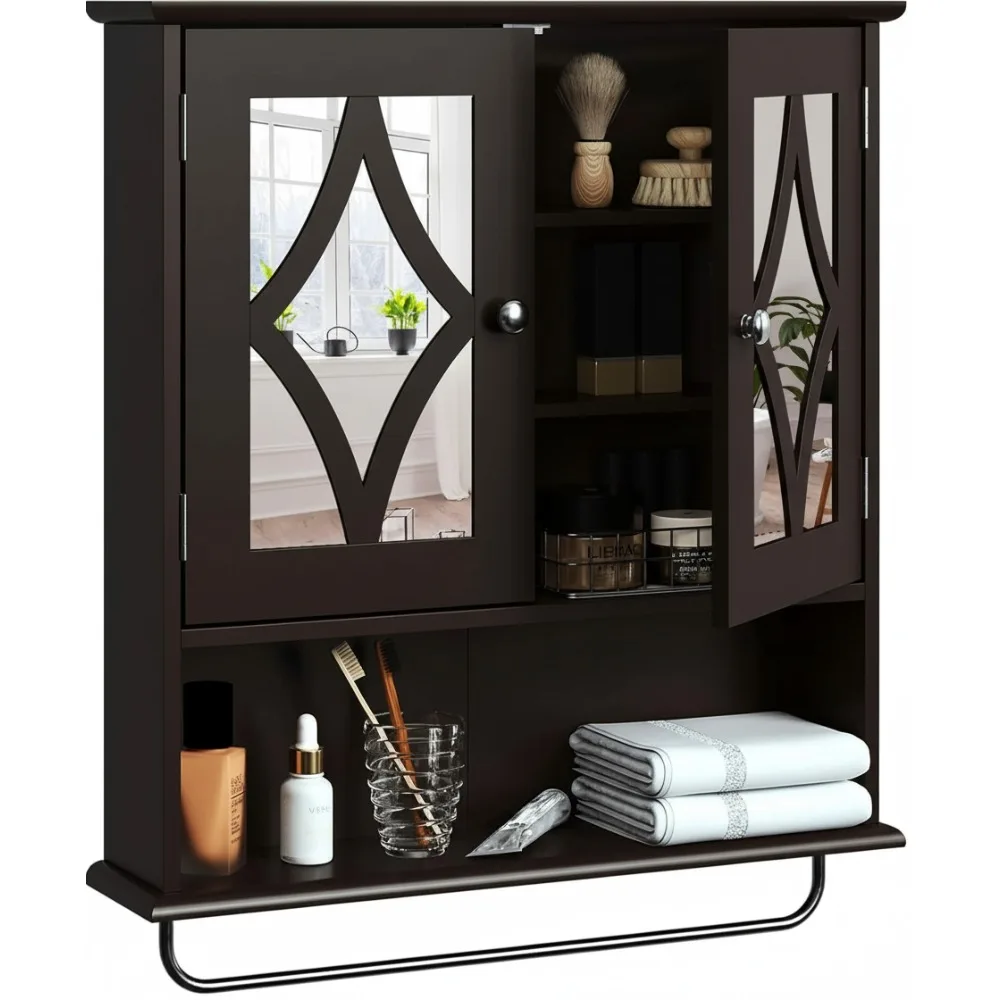 

Large Wall Mounted Medicine Cabinet with Mirror & Towel Bar, Adjustable Shelves for Bathroom Storage Organization