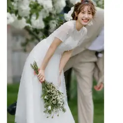 Korean A-line Bride Dress With Pearls White Slim Siple Outdoor Long Dress Super Fairy Simple Wedding Gown Custom Made Customized