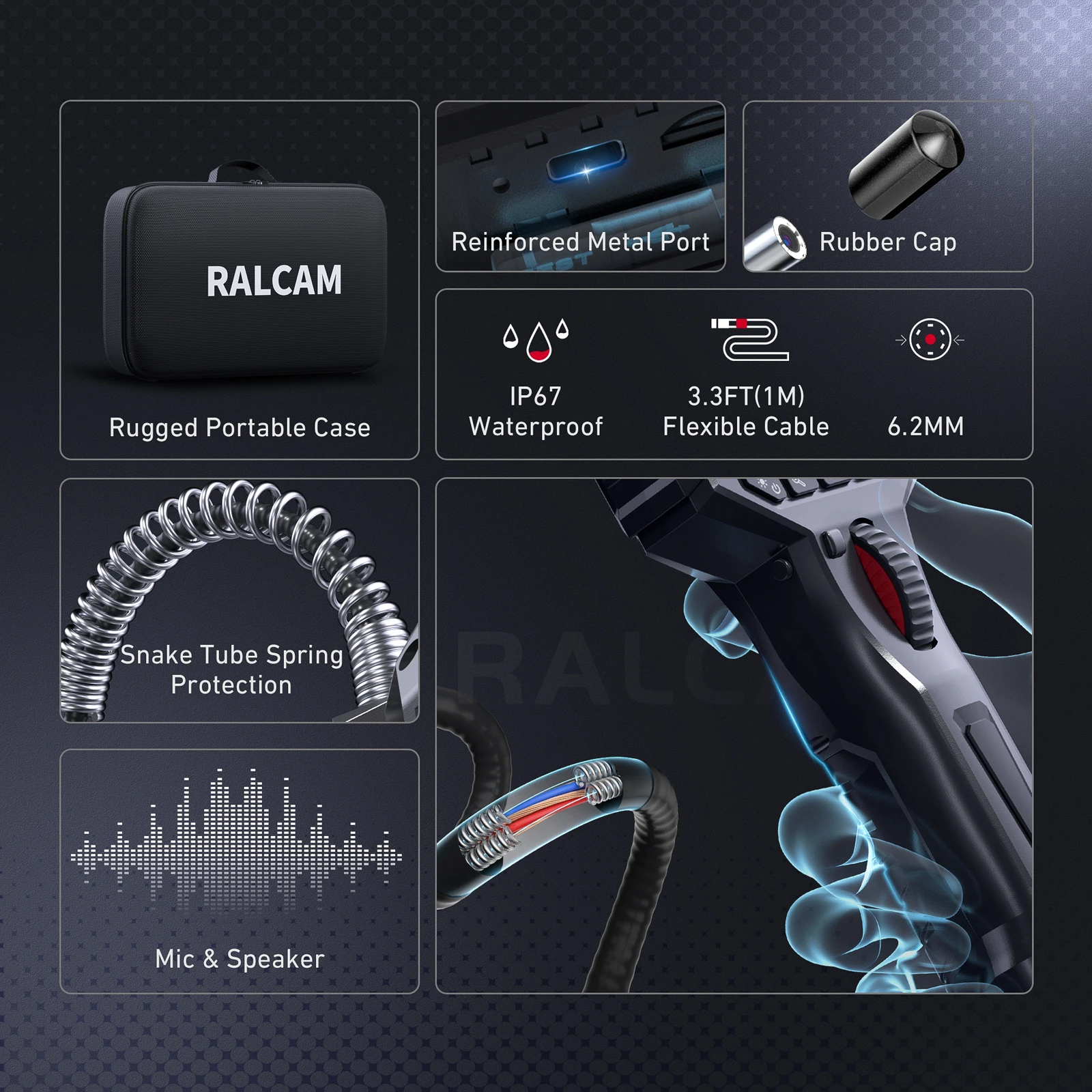 Ralcam endoscopio articolato bidirezionale con luce telecamera serpente articolata da 6.2mm telecamera di ispezione endoscopica da 1mp 3.3FT