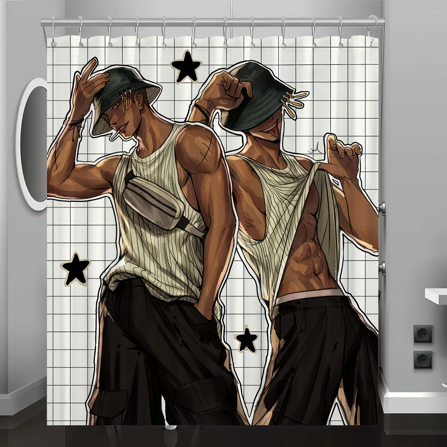 

1pc Anime Pattern Digital Print Shower Curtain, Bathroom Home Decor with Free Hooks, Machine Washable, All-Season Polyester