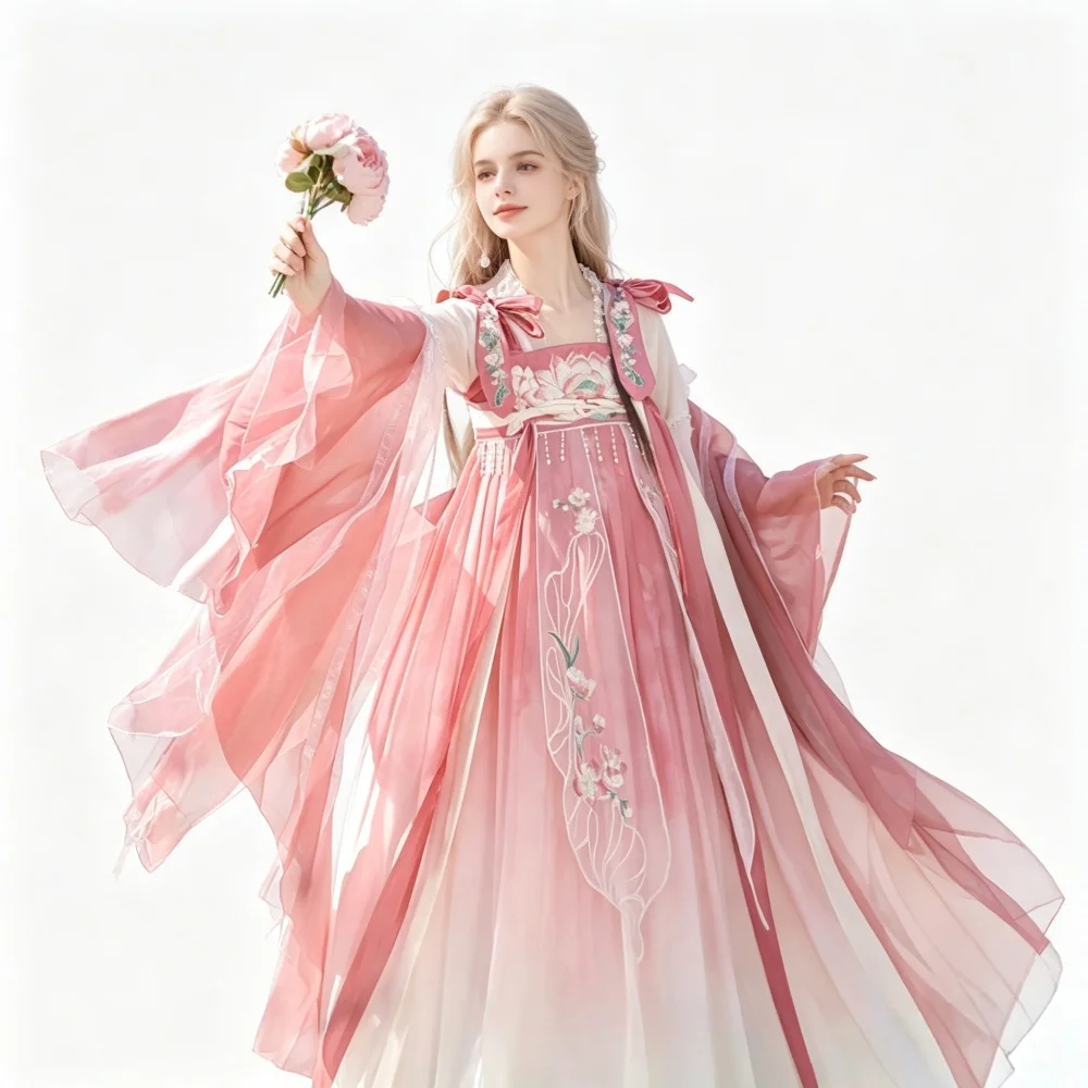 CLYFAN Women Chinese Hanfu Traditional Tang Dynasty Dress Floral Embroidery Flowy Chiffon Fairy Cosplay Costume