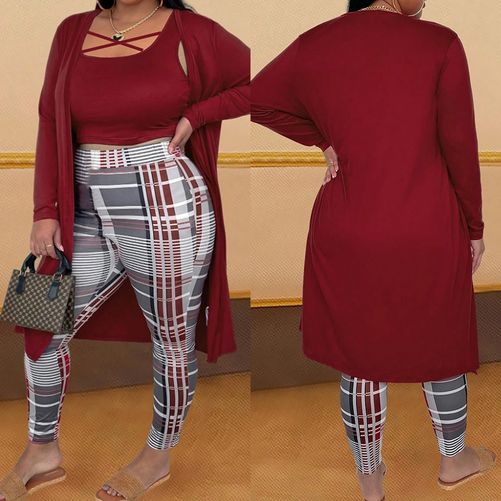 Women Autumn Winter Plus Size 3 Piece Set Plaid Print Pants Long Sleeve Cardigan Y2K Solid Vest Tops Lady Clothes Casual Set