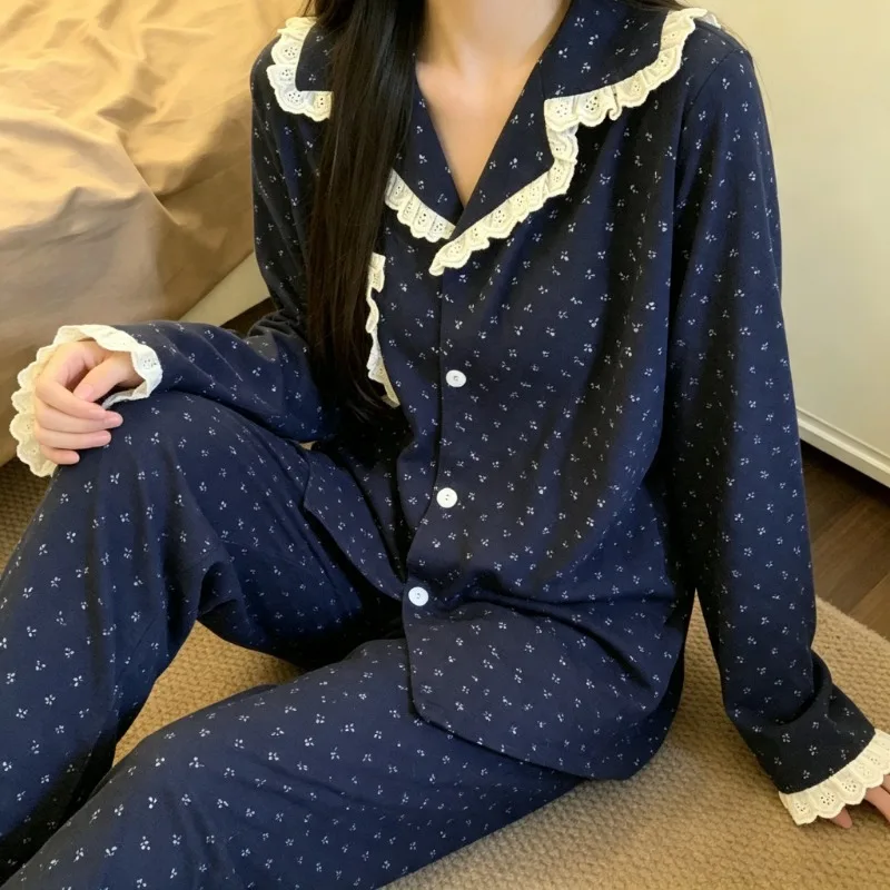 Floral Print Pajama Set Lace Ruffle Autumn Winter New 2026 Loungewear Long Sleeve Button‑Down Ladies Sleepwear Home Clothes