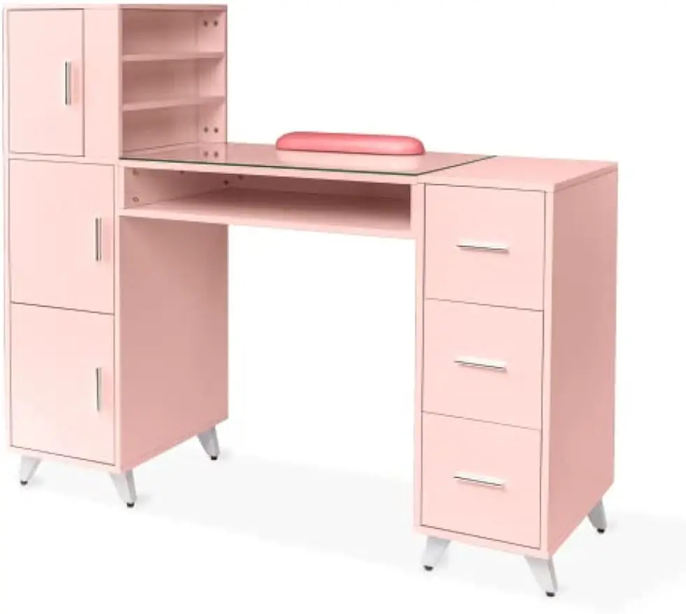 Nail Tech Manicure Workstation Acetone Resistant Glass Top Wrist Rest Beauty Salon Decor Nail Supplies 3 Side Cabinet 3 Drawers