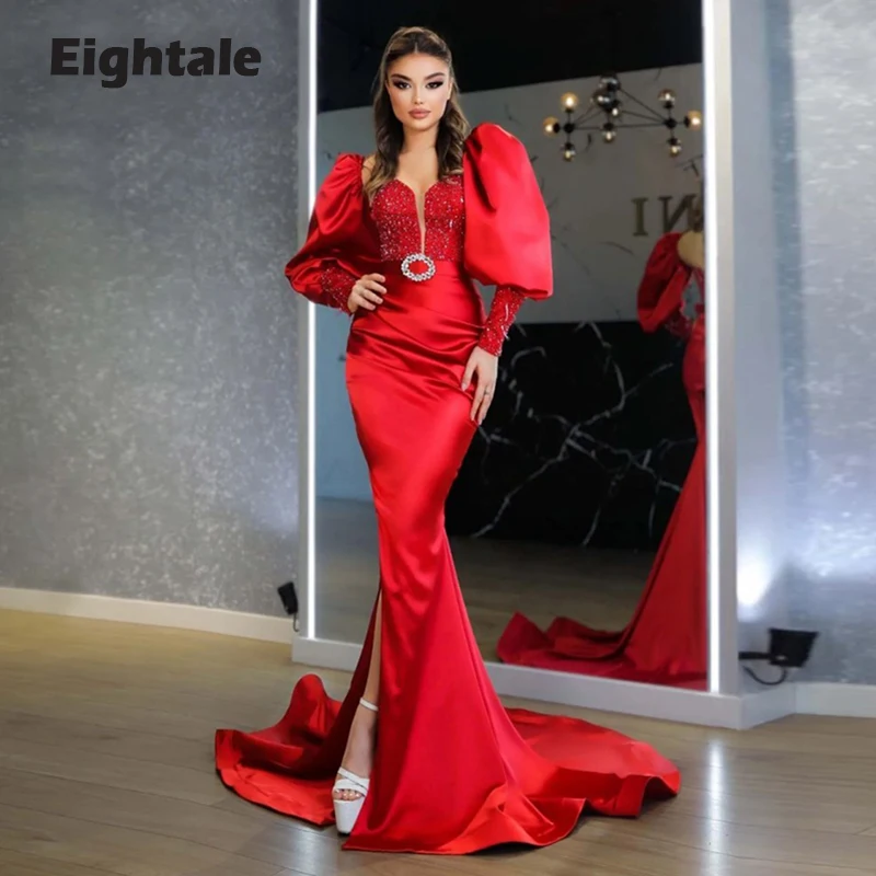 

Eightale Evening Dress for Wedding Party Formal Sweetheart Long Puffy Sleeves Satin Mermaid Arabic Dubai Prom Gownrobe soiree