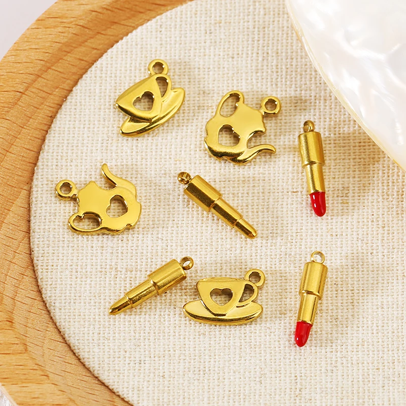 10pcs Stainless Steel Teacup Teapot Lipstick Charm Pendants for DIY Women Earring Necklace Jewelry Making Supplies Findings
