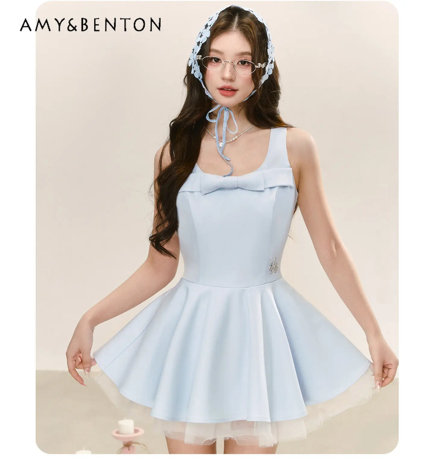 

Summer New French Style Elegant Banquet Daily Women's Blue Sleeveless Bow Tighten The Waist Lace Short Fluffy Dress