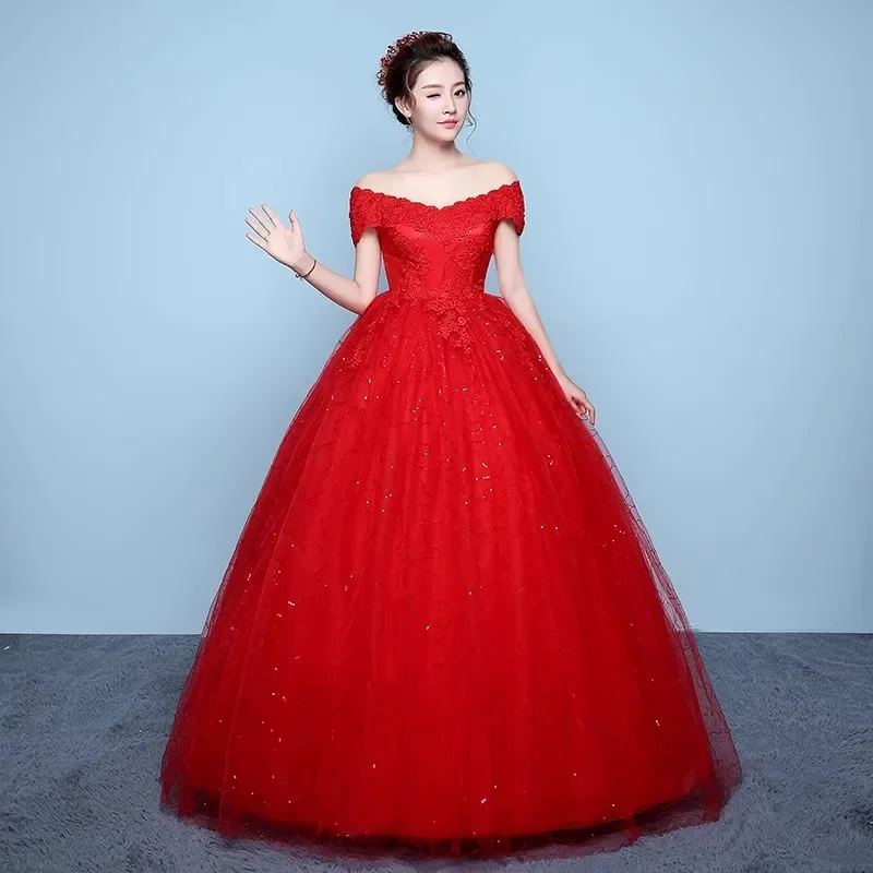 

Cheap Red Tulle Wedding Dresses Embroidery Sequins Off the Shoulder Lace up Pregnant Woman Princess Floor length Ball Gown XN099