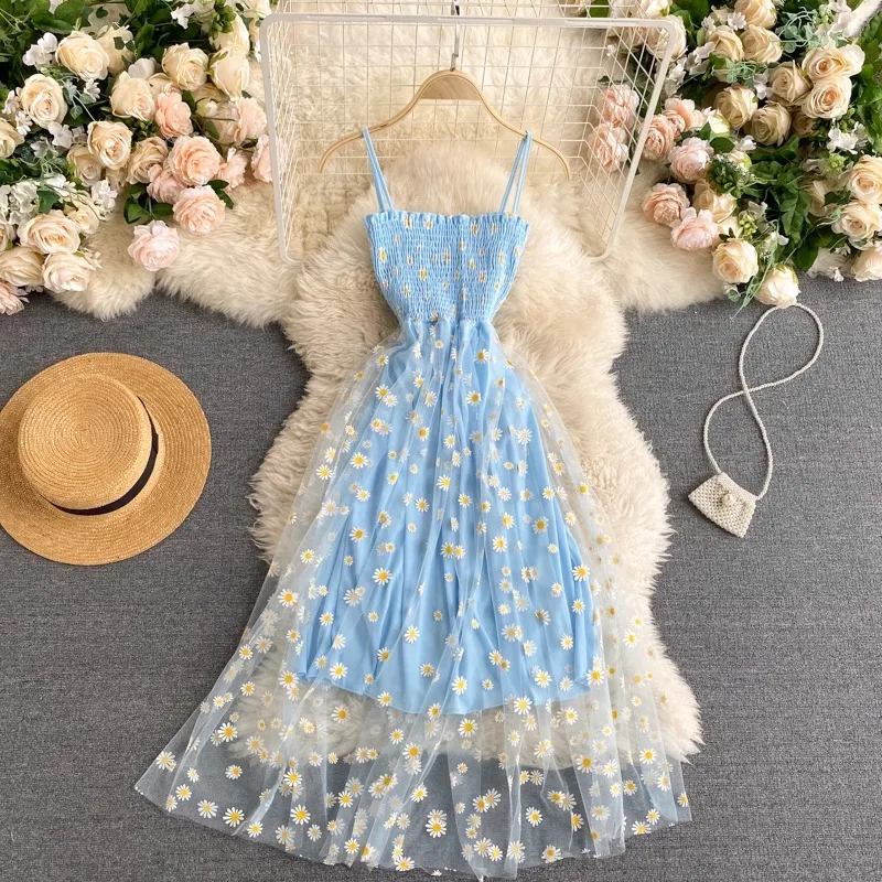 Women Dress 2025 New Summer Fashion Fairy Mesh Party Dress Korean Pop Floral Print Vacation Beach Dress Streetwear Sundress image 4