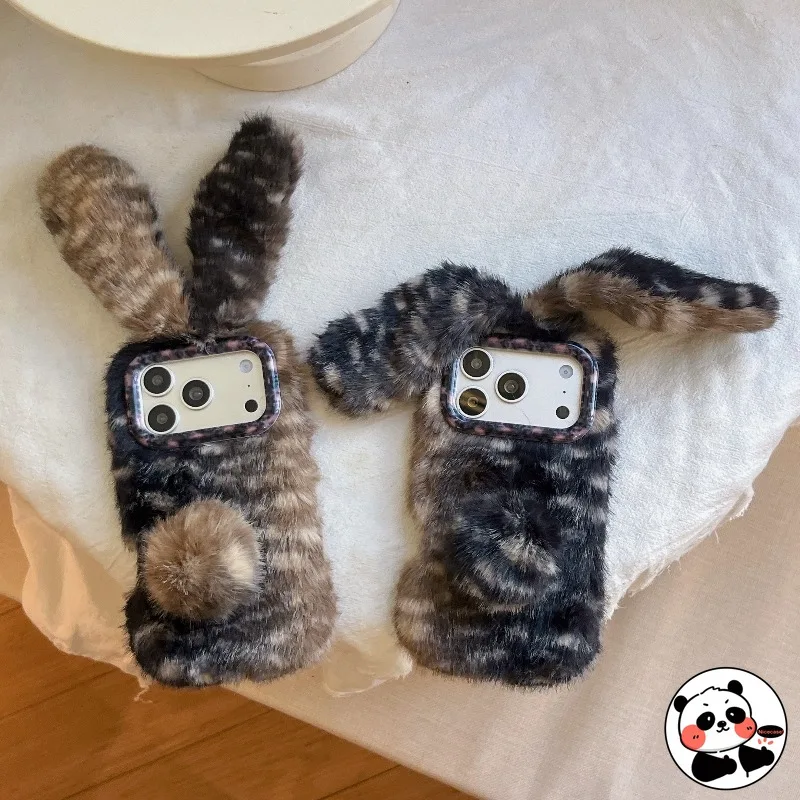 

Gradient Black Brown Deer Pattern Plush Rabbit Phone Case For iPhone 17 Pro Max 16 Pro Max 15 14 Plus 13 Pro Max Cute Cover