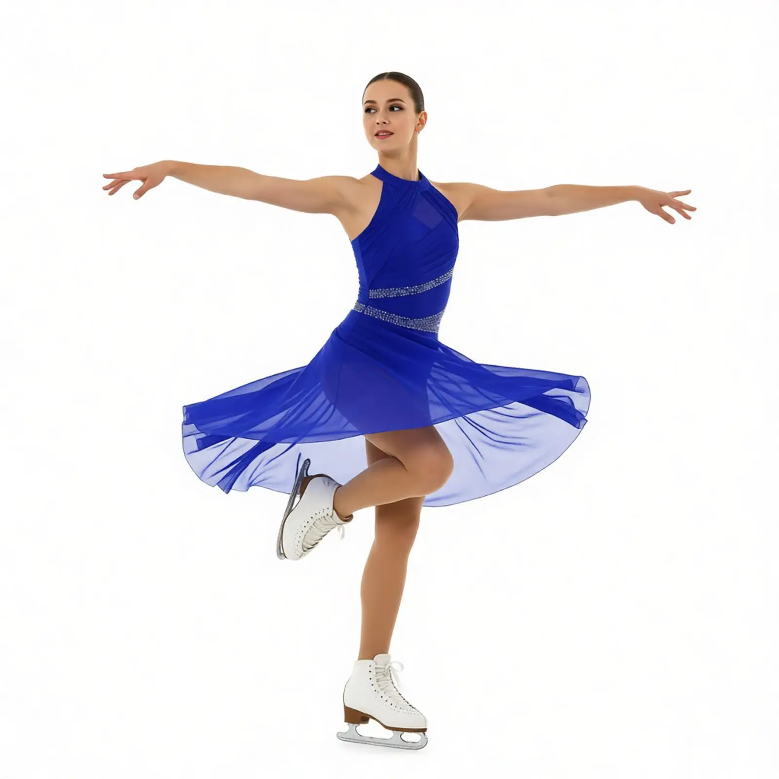 

Womens Lyrical Dresses 2024 Sleeveless Asymmetrical Hem Rhinestones Ruched Ballet Tutu Leotard Dance Dress Contemporary Costumes