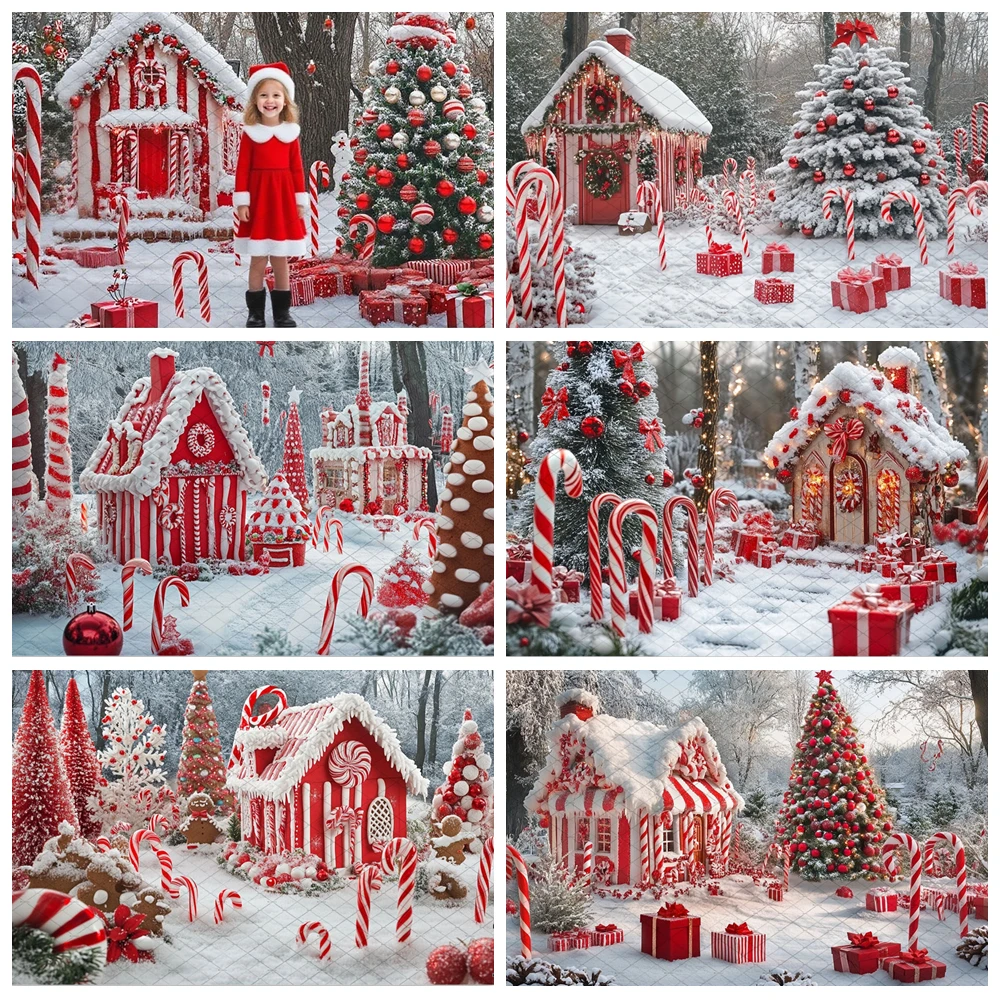 

Red Christmas Candy Cane Photography Background Snowy Xmas Tree Forest Backdrop Winter Kids Birthday Photozone Studio Props