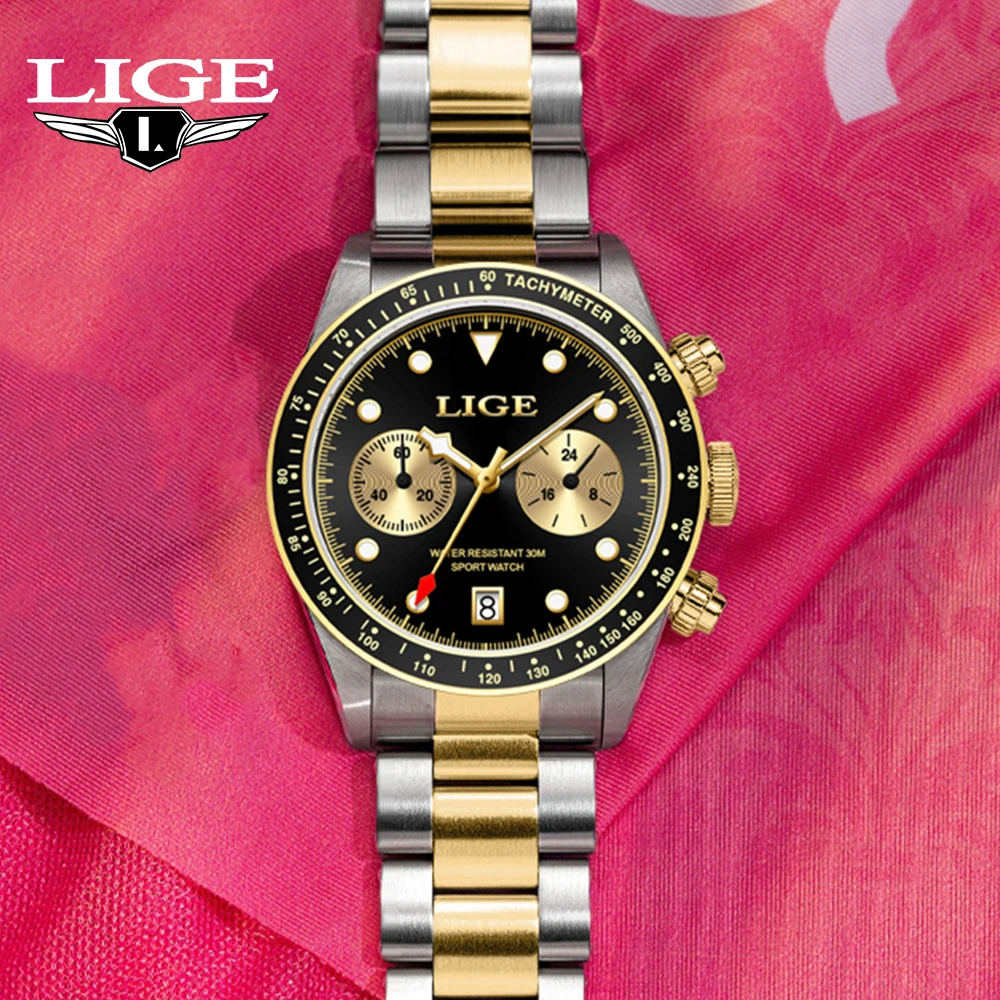 LIGE NEW Luxury Gold Quartz Wristwatch Panda Eyes Male Waterproof Stainless Steel Watch for Men Date Luminous Clock Reloj Hombre