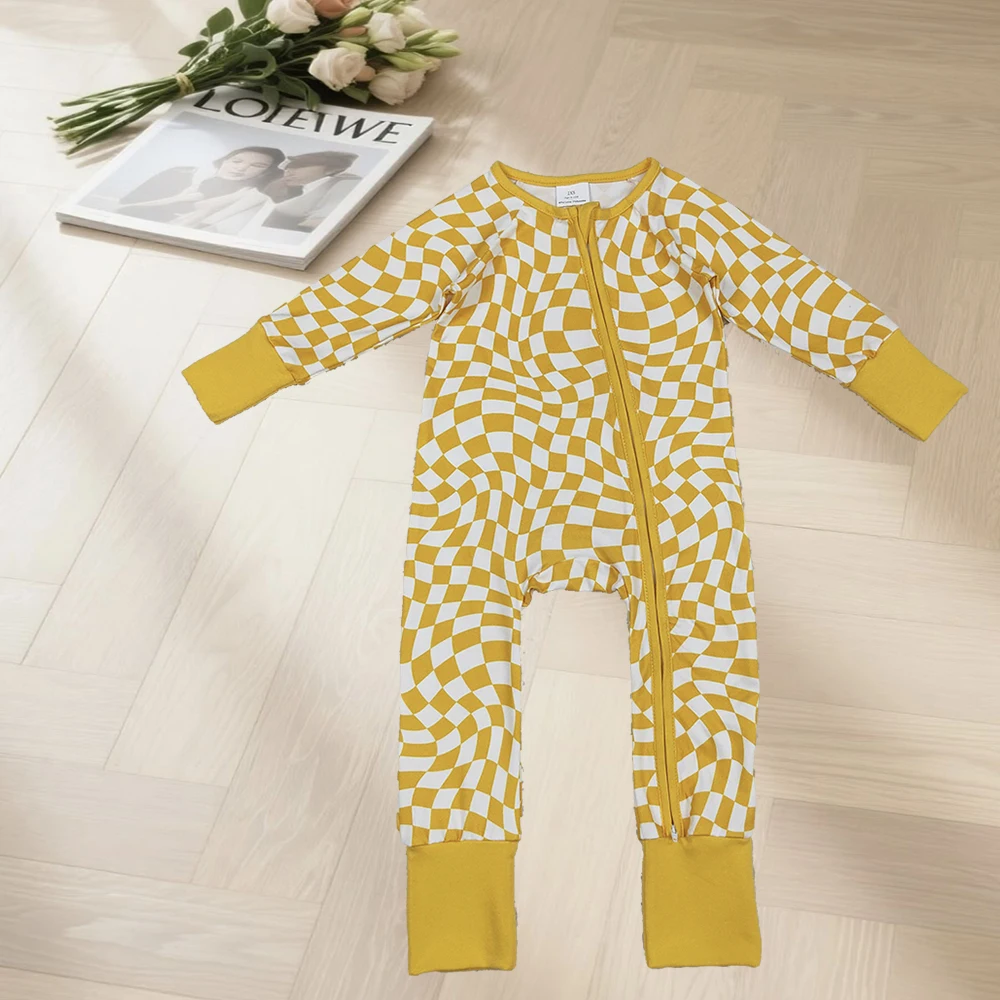 

10.3 Baby Boys Winter Rompers Baby Infant Boys Yellow Checkered Zip Footie Long Sleeve Rompers