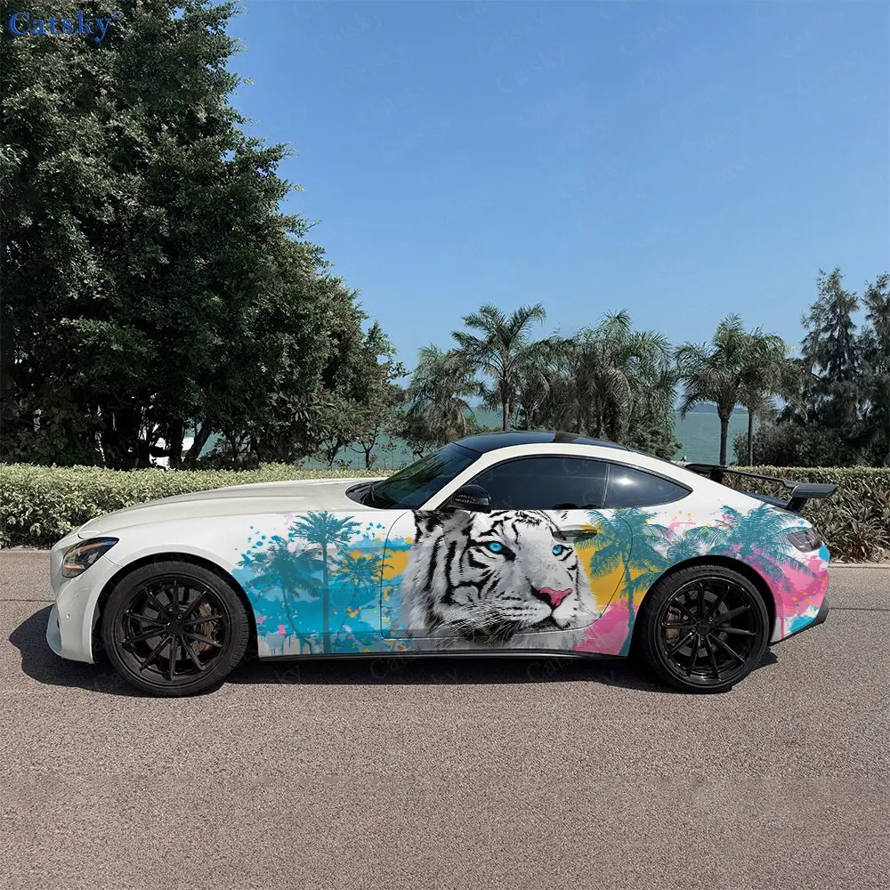 2pcs Blue-Eyed White Tiger Color Splash Car Side Wraps, Self-Adhesive PVC Waterproof & Scratch-Resistant Stickers, Car Accessory