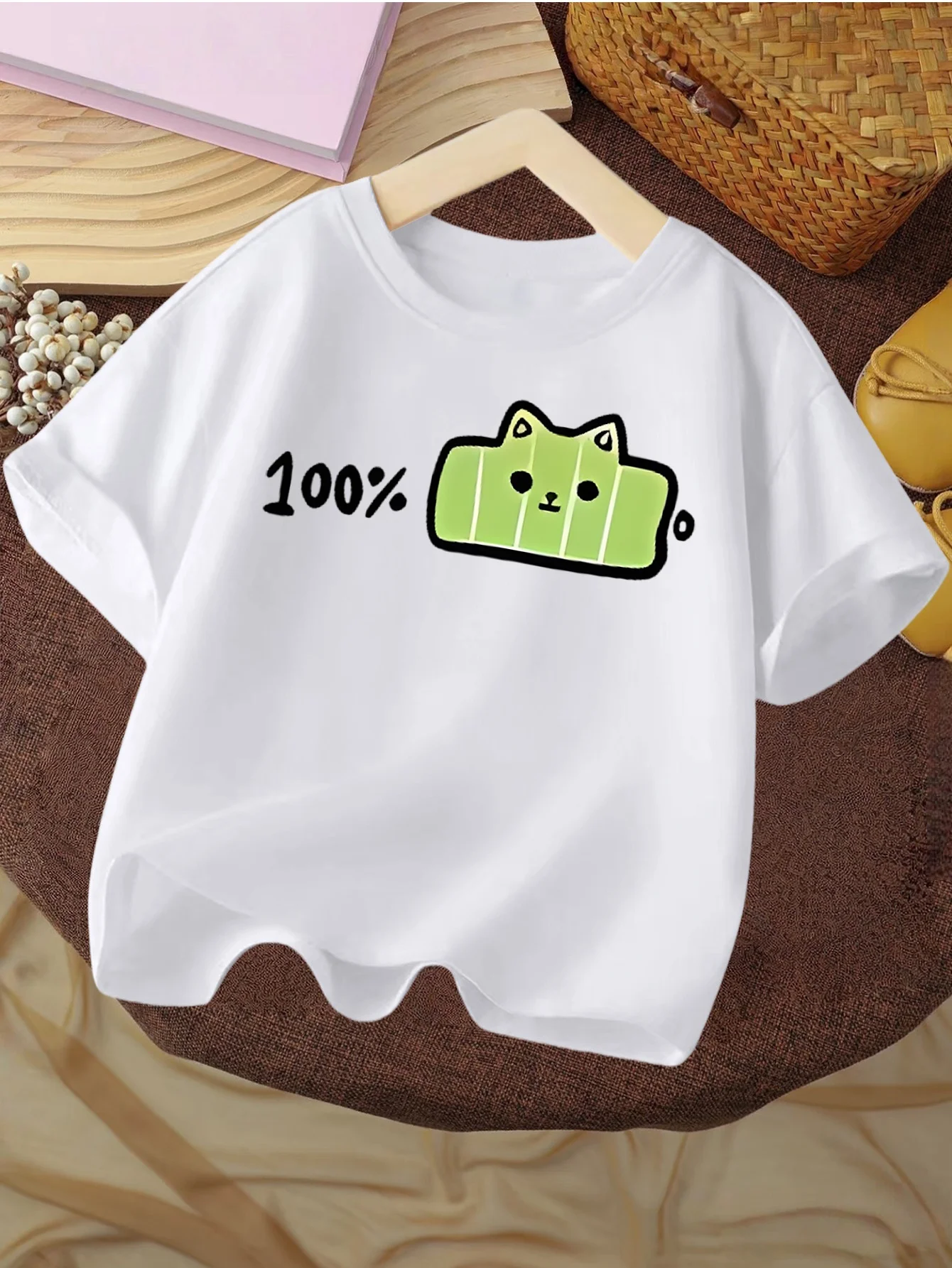 Kids T Shirt Cute 100 Percent Green Battery Cat Cartoon Graphic Short Sleeve Cotton Tops For Boys Girls Daily Casual Outfit