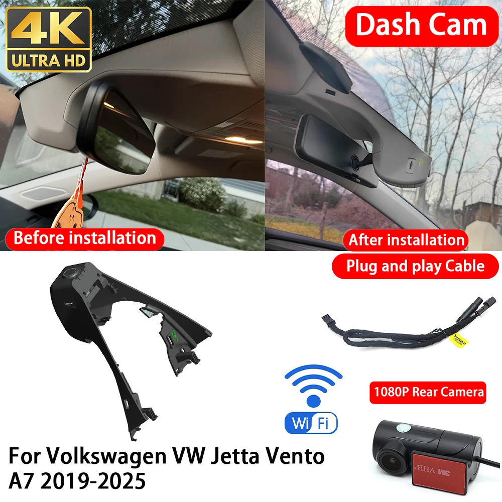 Cámara para Auto 4K con Wifi, Plug & Play, Grabación en Bucle, para Volkswagen VW Jetta Vento A7 2019-2025, Grabación Delantera y Trasera