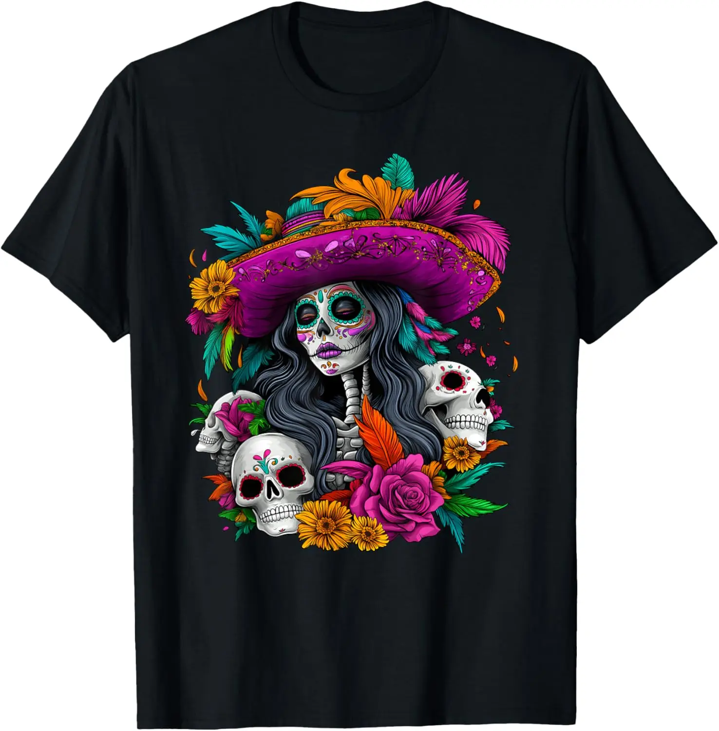 

Day Of The Dead Sugar Skull La Catrina Women's Graphic T-Shirt Cotton Crewneck Short Sleeve Tee