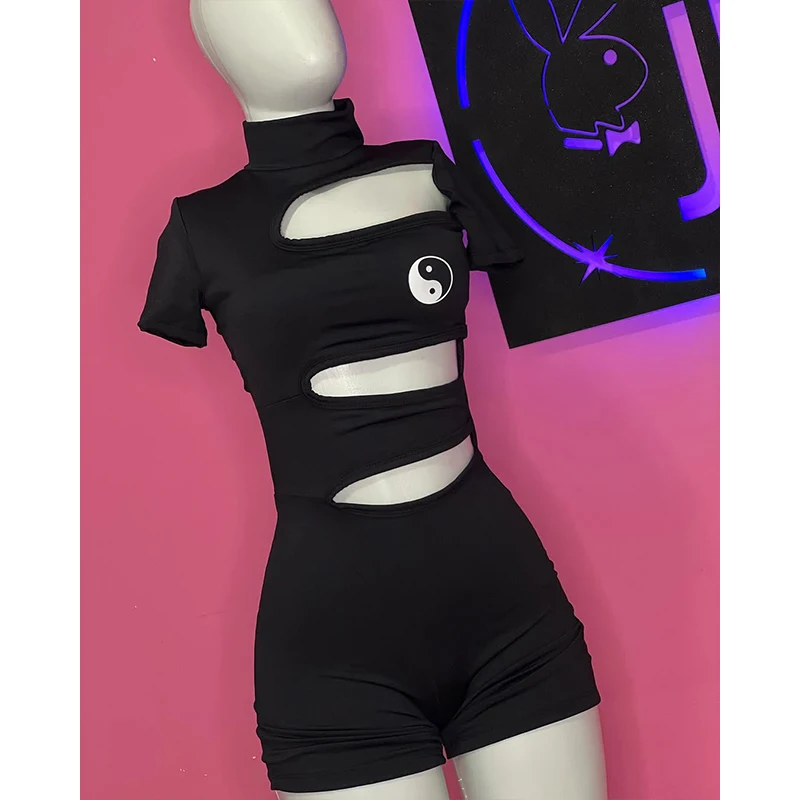 Y2K Gothic Harajuku Body Collo alto T-shirt a maniche corte Tuta Pantaloncini Nero Donna Punk Scava Fuori Abiti sexy della tuta