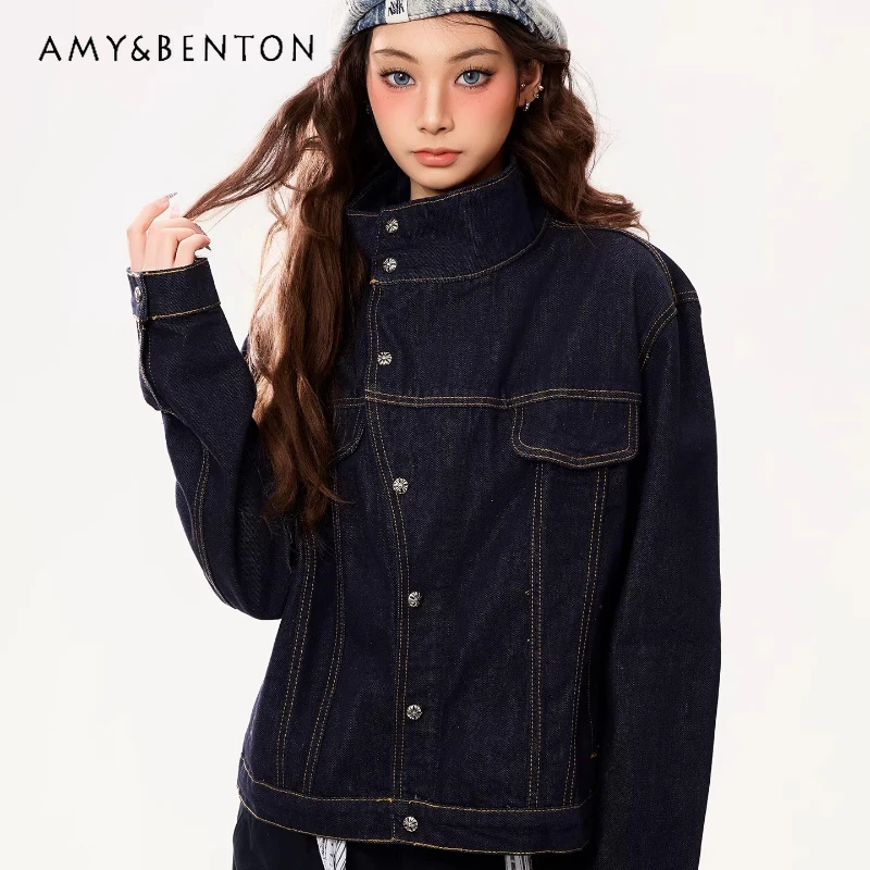 

Original Design Casual American Retro Women's Coat 2026 Spring Loose Versatile Sweet Cool Stand-up Collar Denim Jacket Ladies