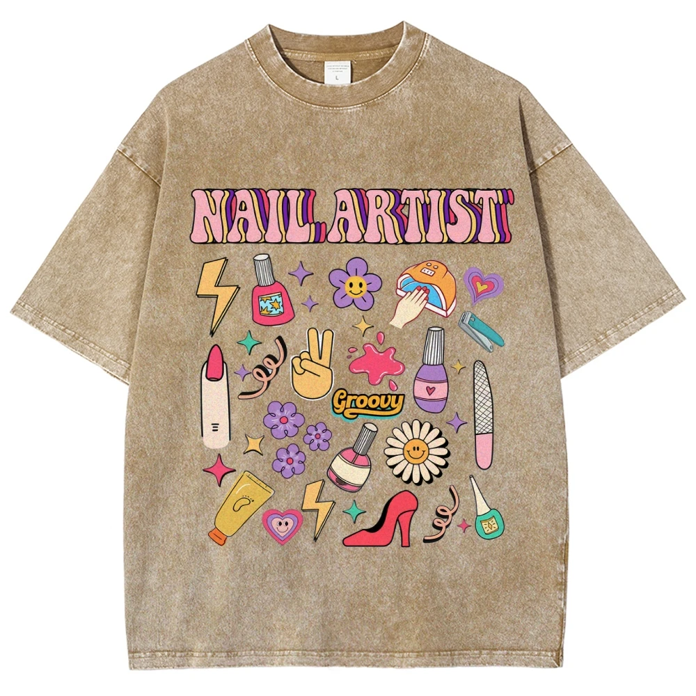 Nail Artist T Shirts Harajuku Vintage Washed Unisex Top Tee 2024 Summer Casual Clothes Nail Art Lover Y2k Graphic Tee