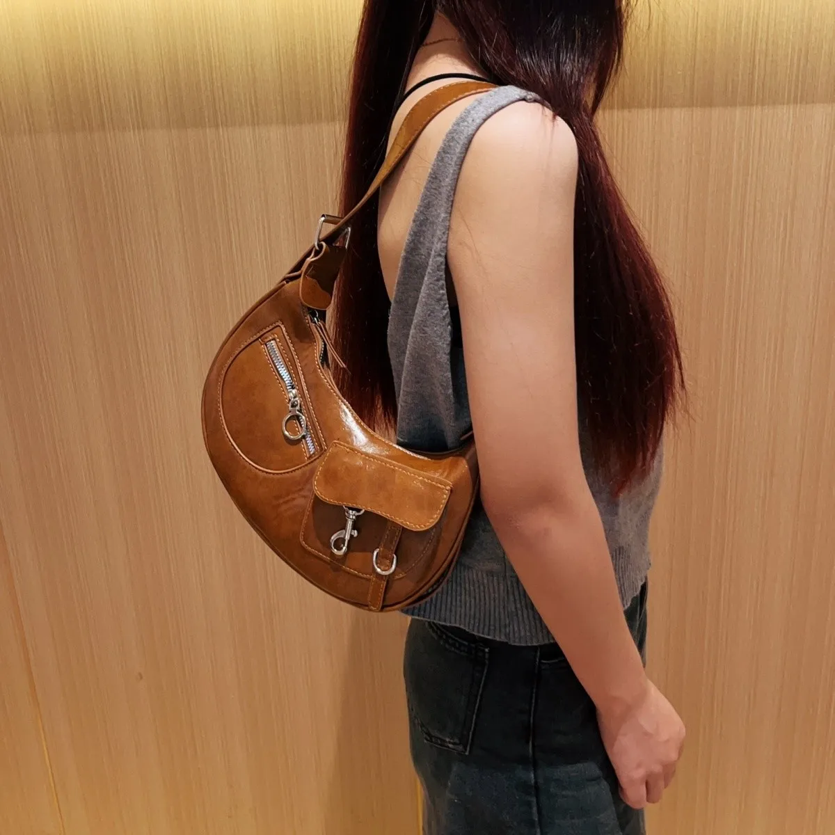 

JIAERDI Retro Brown Underarm Bag Women Fashionable Moto Biker Leather Chic Y2k Handbag Ladies Casual Crossbody Bags 2025 New