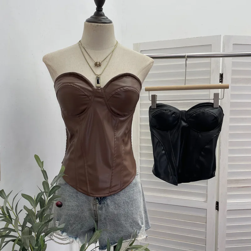 

Sexy Strapless Pu Leather Slim-fit Waist Tube Top Women Leather Jacket Chest-wrapped Short Top