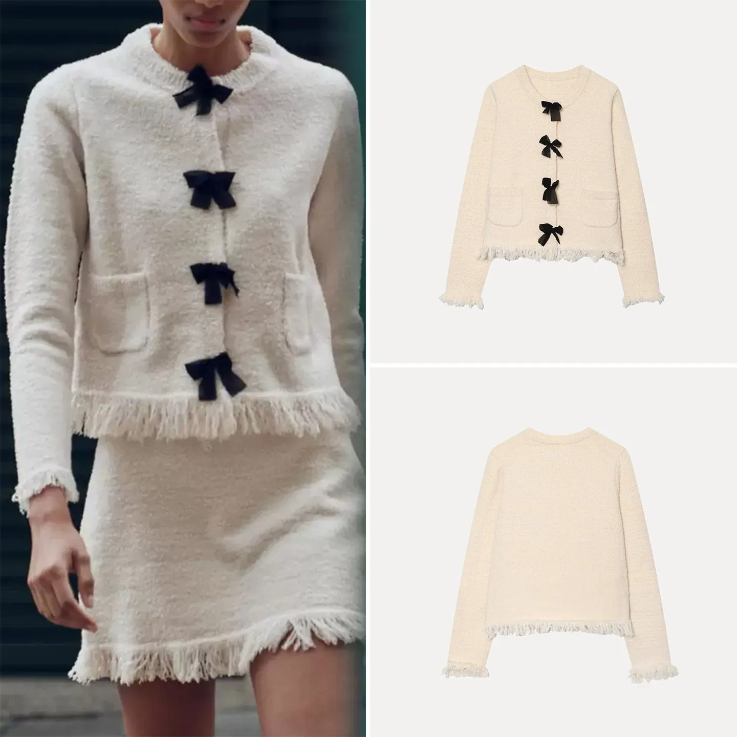

Sweet Fringe Knot round Neck Long Sleeve Knitted Jacket Women's Casual Style Standard Fit Short Outerwear for Spring