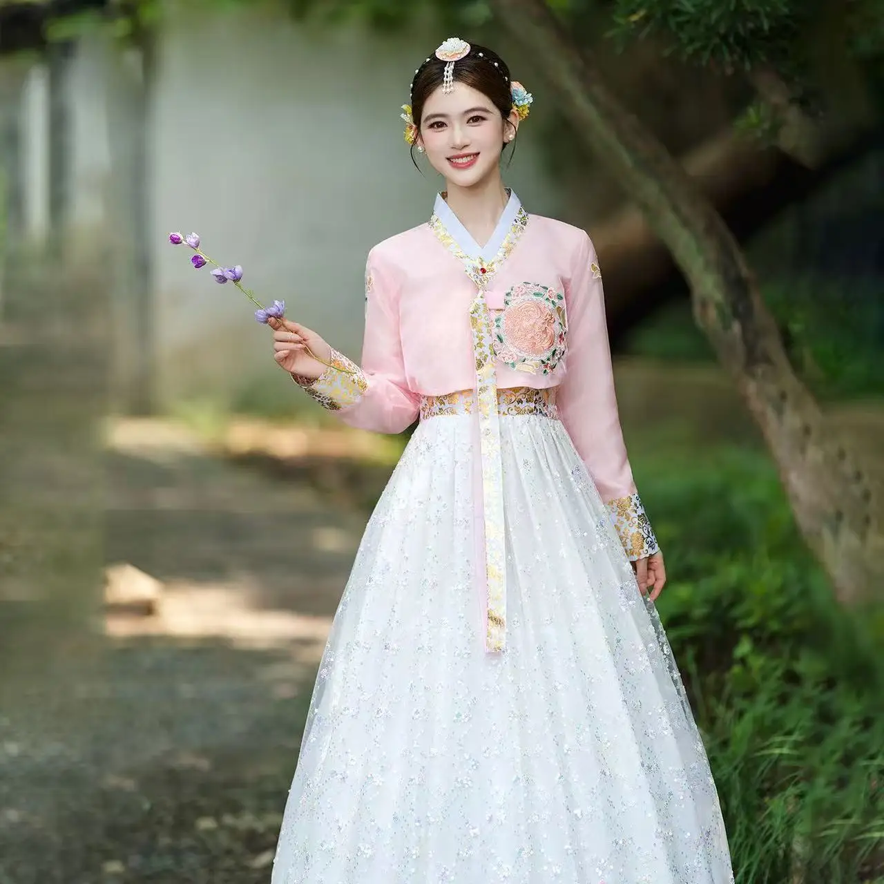 Elegant Hanbok Women's Traditional Korean Clothing Pink Tops White Skirt 2Pieces Set Halloween Party Cosplay Costume Stage Suits