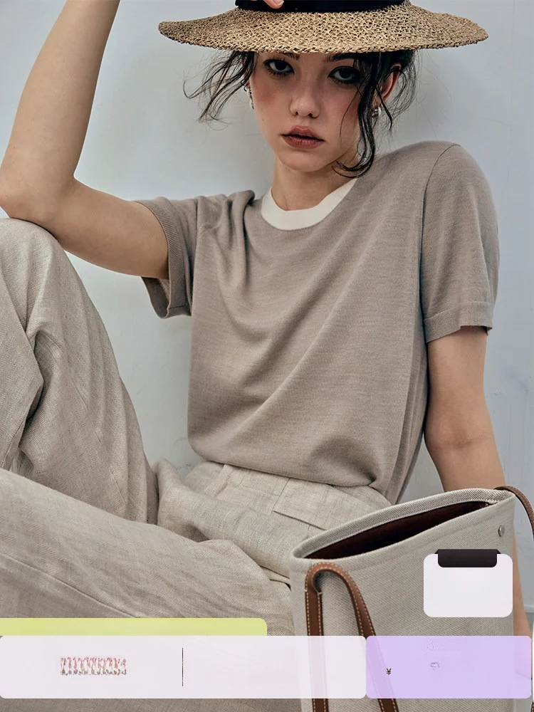 

Женская летняя футболка Vever OO из тонкой мериносовой шерсти с круглым вырезом, приятная к телу, вязаная, с цветовыми блоками