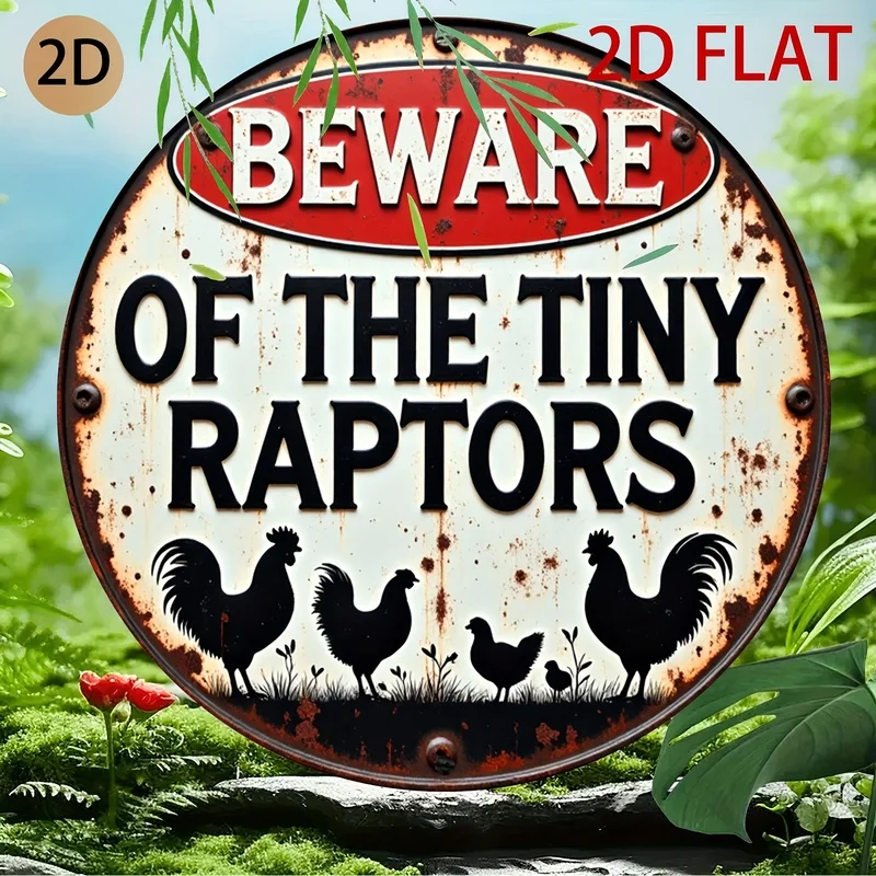 2DFlat Rusty Metal Sign Small fierce dragon and careful chicken themed wall decoration，Suitable for home or farm areas