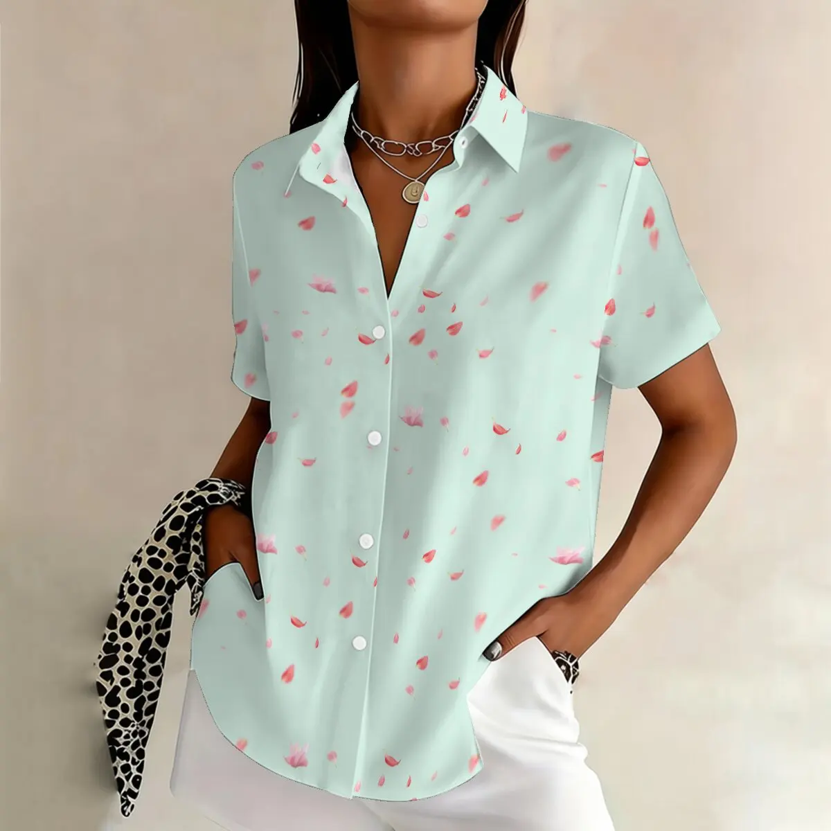 

Women's plus-size short-sleeve shirt, delicate petal design, romantic and eye-catching,artistic texture,trendy outfit for dating