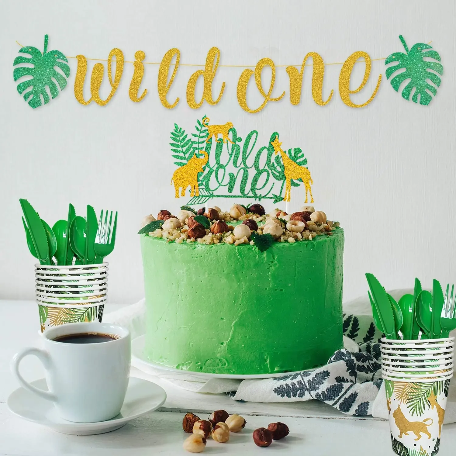 Wild One Birthday Decor Disposable Tableware Set Cups Plates Napkins Flags Cake Topper Balloons Jungle Theme Party Supplies