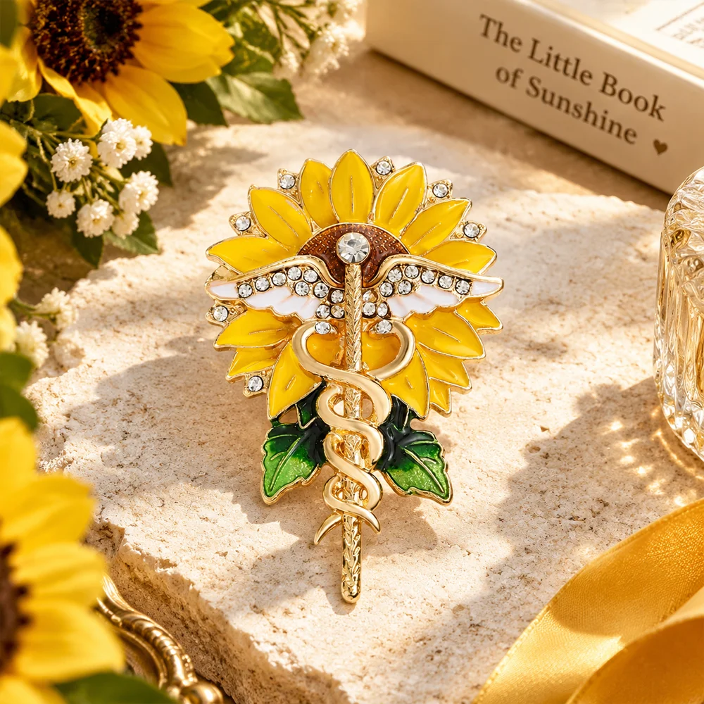 Sunflower Caduceus Brooch Rhinestone Winged Snake Staff Enamel Pin Medical Theme Lapel Badge Nurse Doctor Jewelry Gift