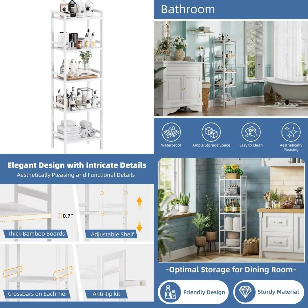 

Регулируемый 5-ярусный бамбуковый книжный шкаф — высокий узкий блок для хранения для современного дома, отдельно стоящая витрина для ванной комнаты